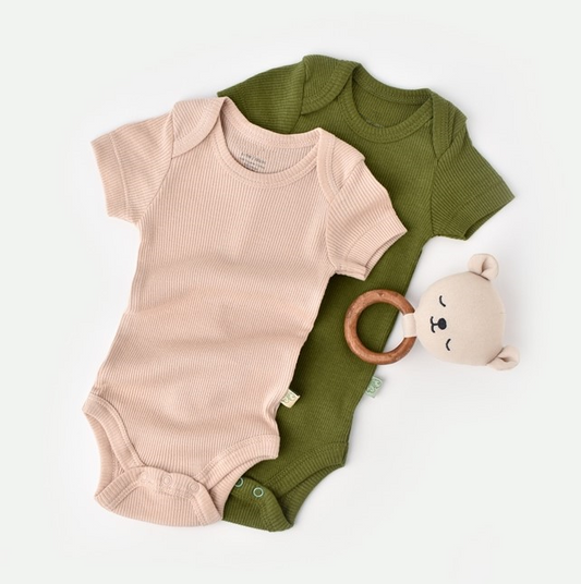 Organic Modal Bodysuit Set - Green & Blush