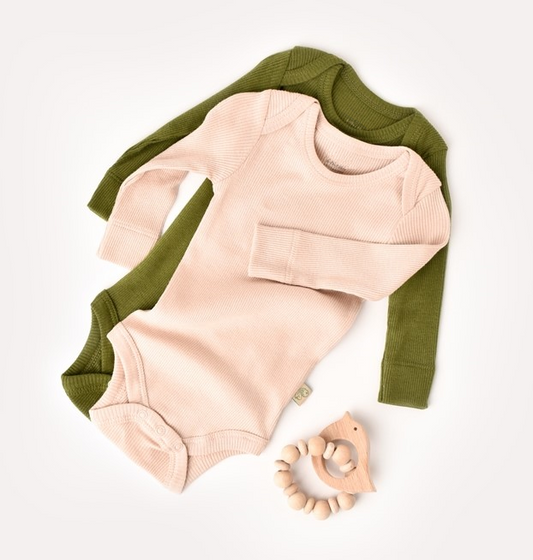 Long Sleeve Organic Modal Bodysuit Set - Green & Blush