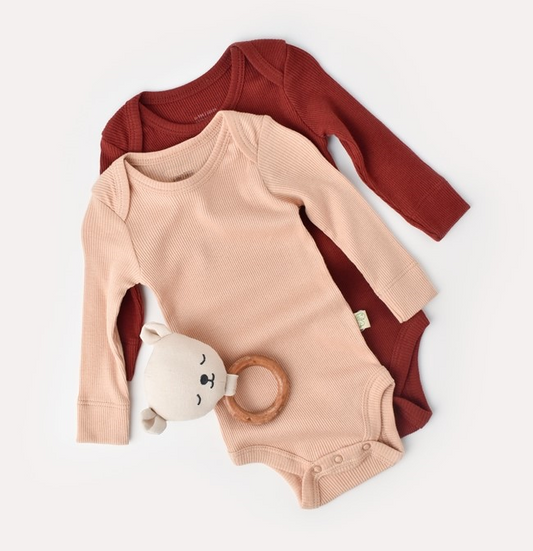 Long Sleeve Organic Modal Bodysuit Set - Burgundy & Salmon