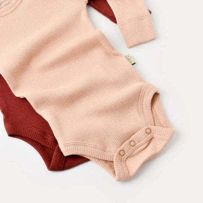 Long Sleeve Organic Modal Bodysuit Set - Burgundy & Salmon