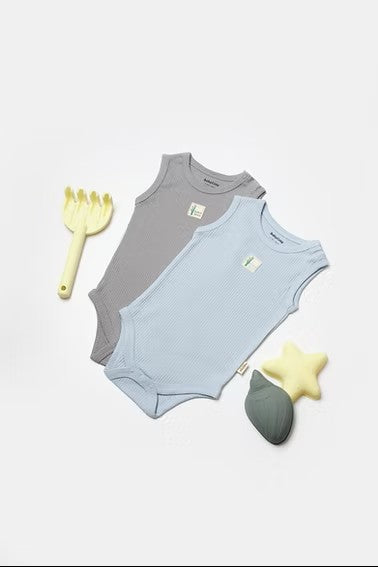 Sleeveless Organic BamBoo Bodysuit Set - Blue & Grey